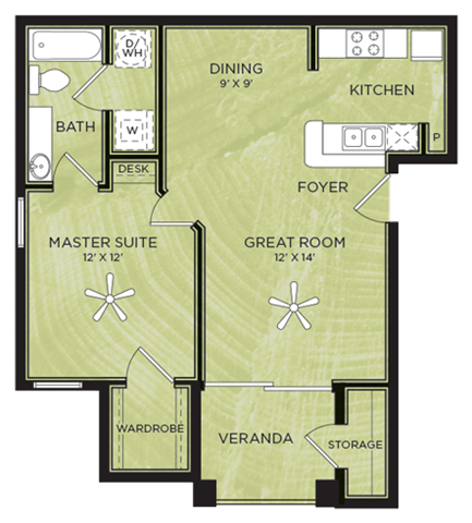 Floor plan for 1 bed, 1 bath, 627 sqft