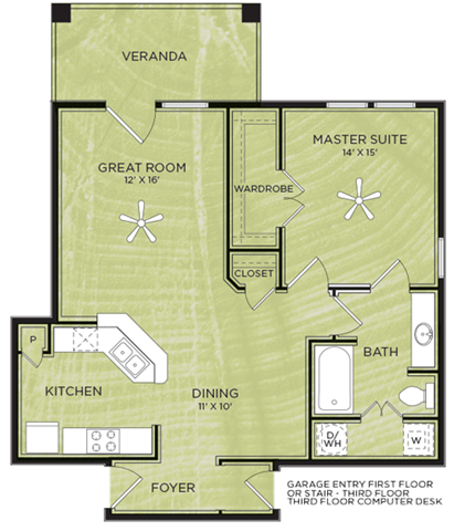 Floor plan for 1 bed, 1 bath, 785 sqft