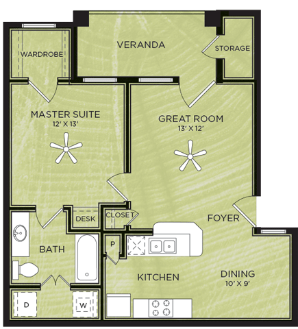 Floor plan for 1 bed, 1 bath, 638 sqft