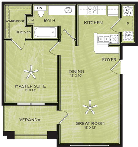 Floor plan for 1 bed, 1 bath, 651 sqft