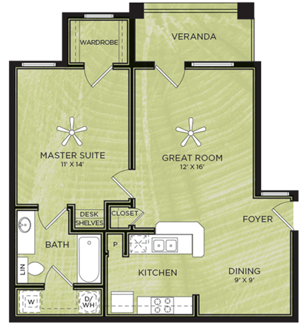 Floor plan for 1 bed, 1 bath, 686 sqft