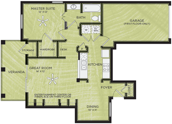Floor plan for 1 bed, 1 bath, 711 sqft