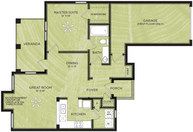 Floor plan for 1 bed, 1 bath, 775 sqft