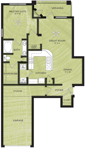 Floor plan for 1 bed, 1 bath, 803 sqft