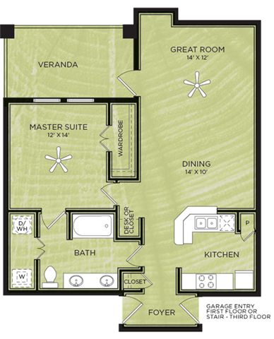 Floor plan for 1 bed, 1 bath, 831 sqft