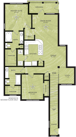 Floor plan for 2 beds, 2 baths, 1292 sqft