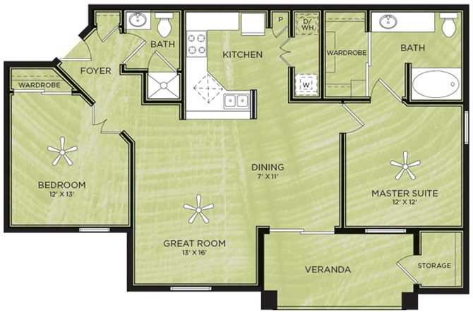 Floor plan for 2 beds, 2 baths, 935 sqft