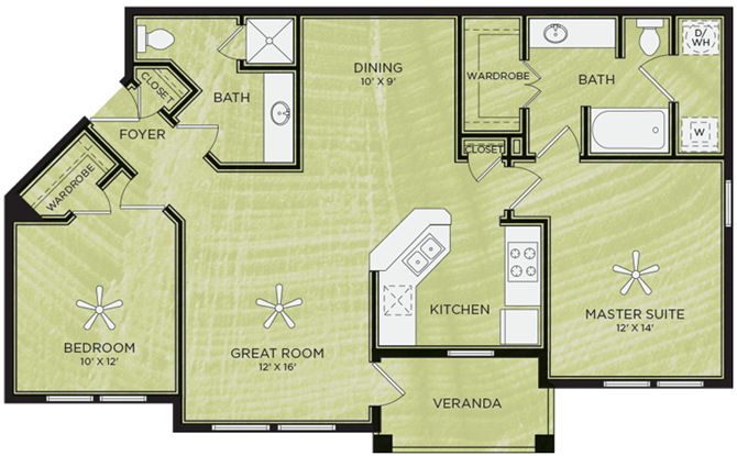 Floor plan for 2 beds, 2 baths, 976 sqft