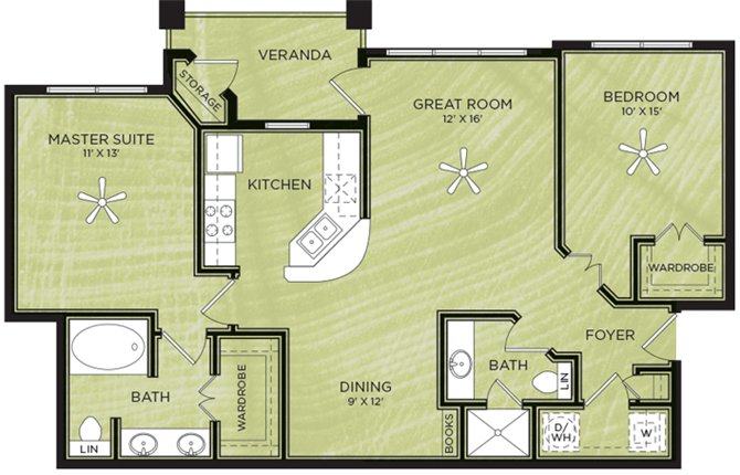 Floor plan for 2 beds, 2 baths, 999 sqft