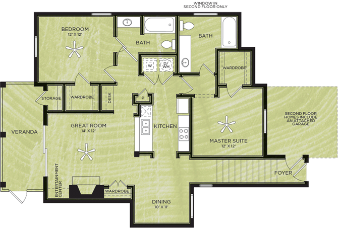 Floor plan for 2 beds, 2 baths, 1044 sqft