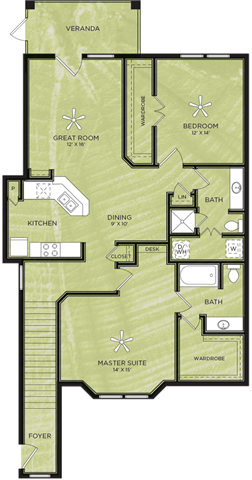 Floor plan for 2 beds, 2 baths, 1135 sqft