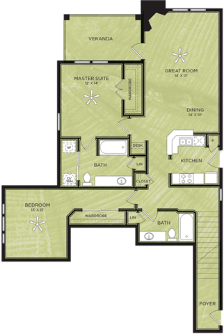 Floor plan for 2 beds, 2 baths, 1157 sqft