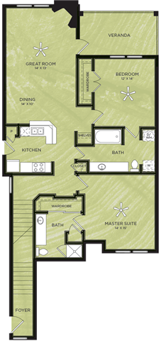 Floor plan for 2 beds, 2 baths, 1179 sqft