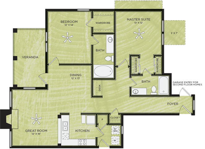 Floor plan for 2 beds, 2 baths, 1192 sqft