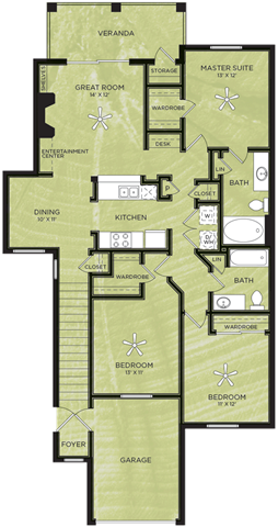 Floor plan for 3 beds, 2 baths, 1268 sqft