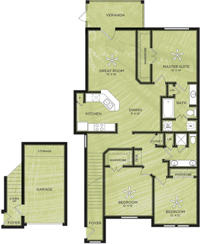 Floor plan for 3 beds, 2 baths, 1269 sqft