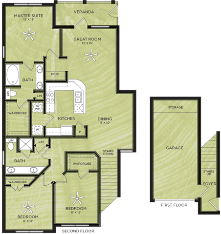Floor plan for 3 beds, 2 baths, 1353 sqft