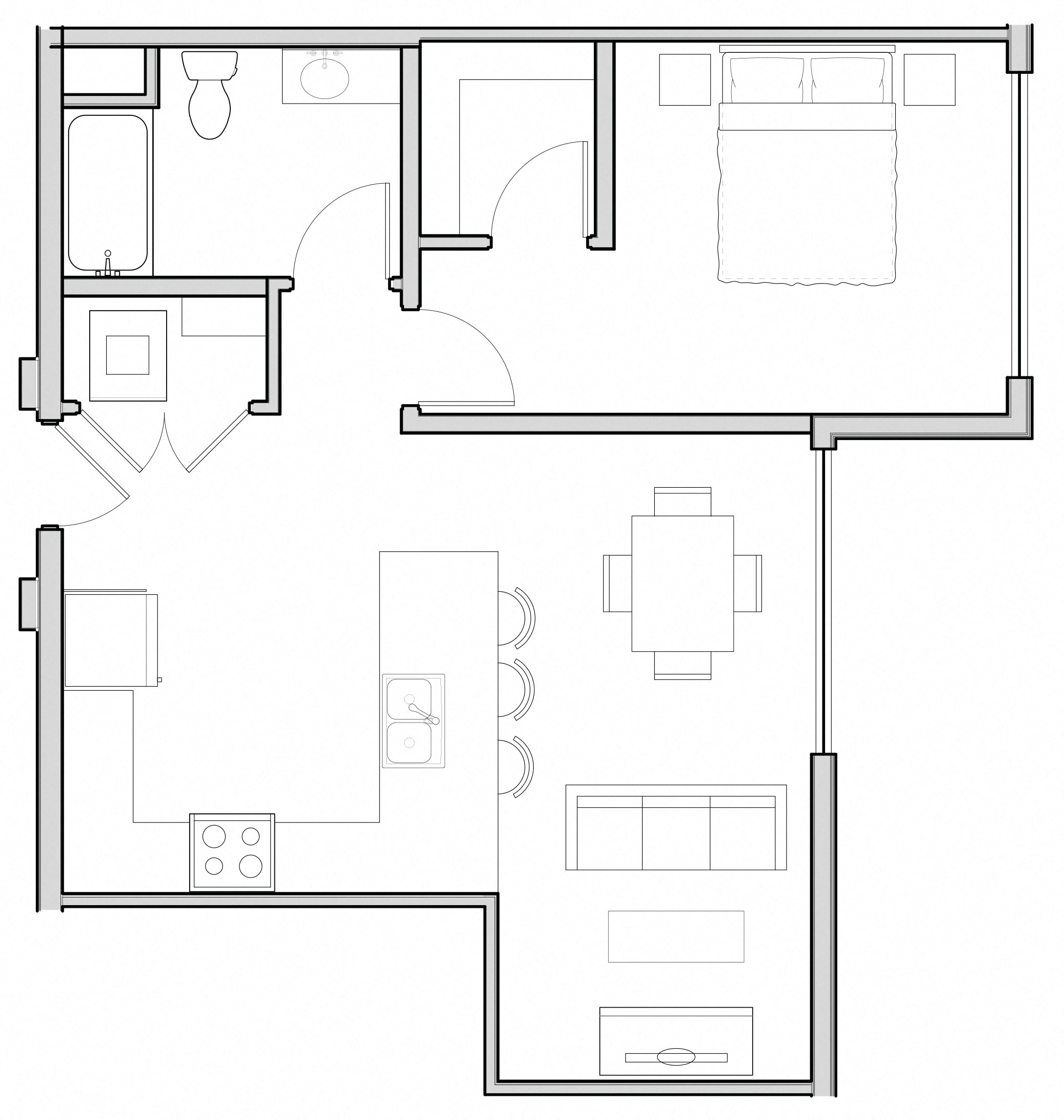 Floor plan for 1 bed, 1 bath, 732 sqft