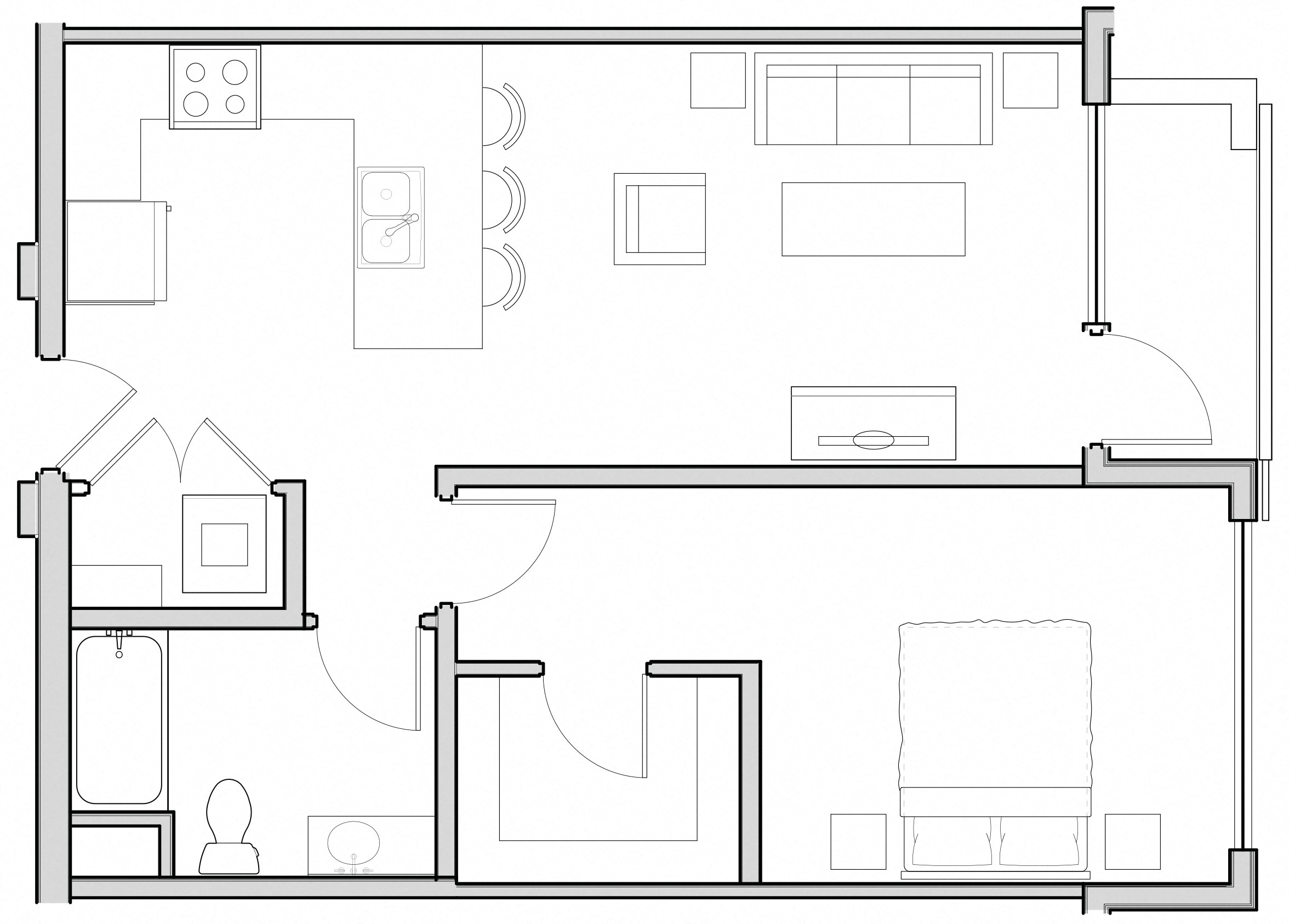 Floor plan for 1 bed, 1 bath, 736 sqft