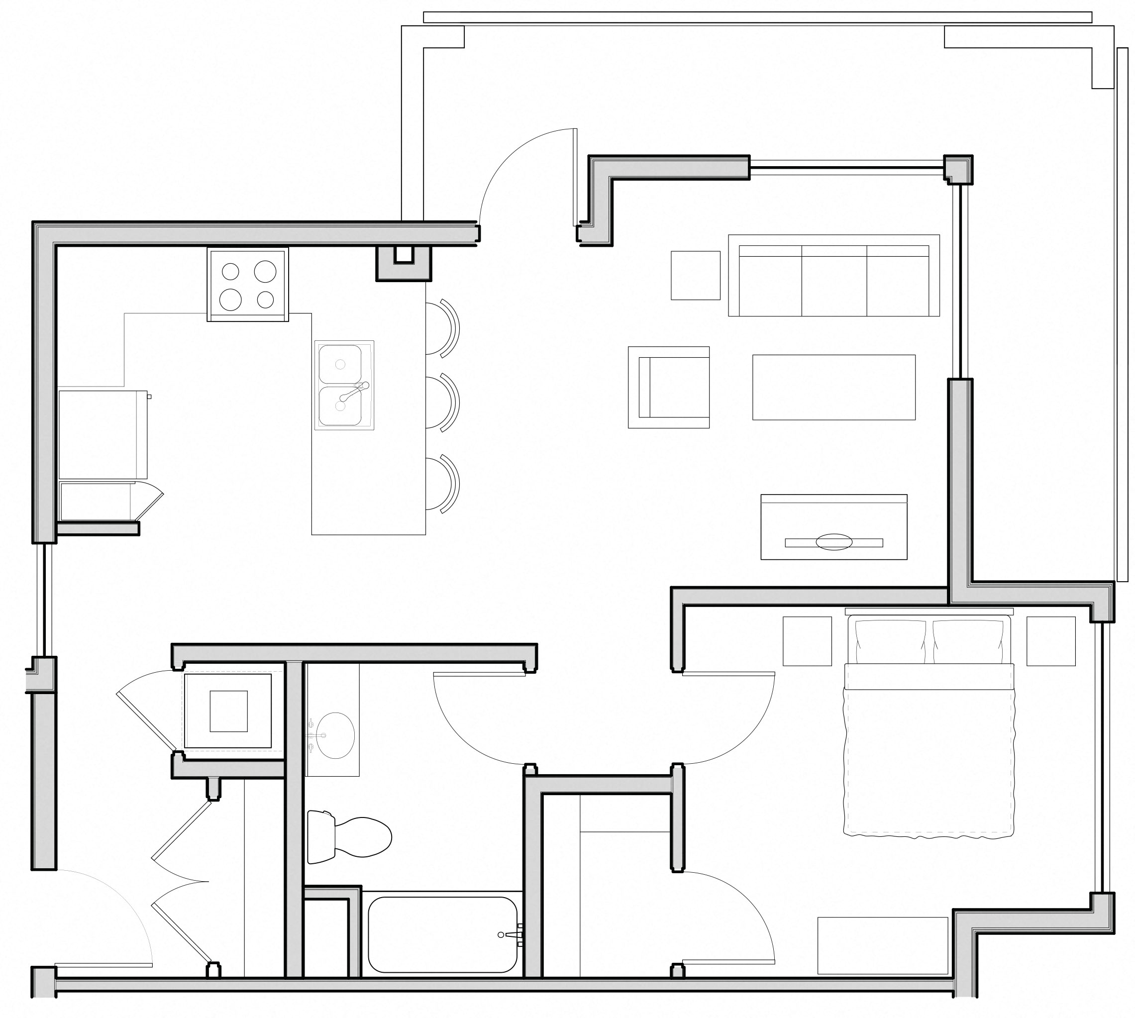 Floor plan for 1 bed, 1 bath, 740 sqft
