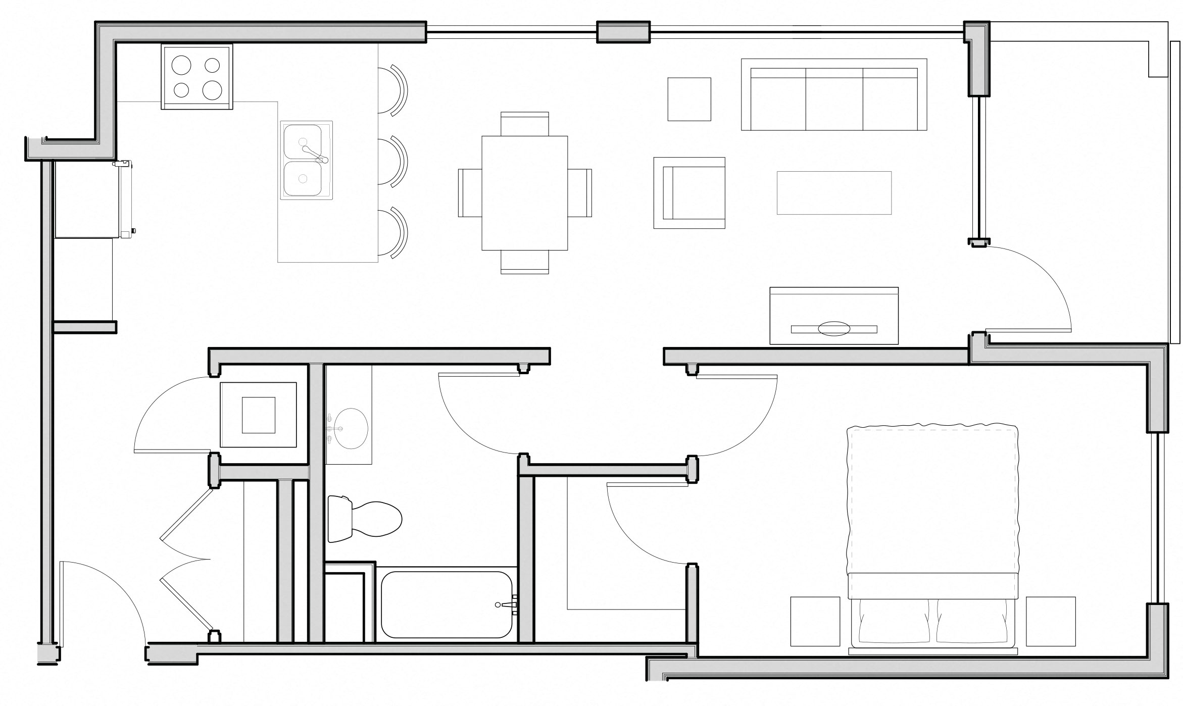 Floor plan for 1 bed, 1 bath, 796 sqft