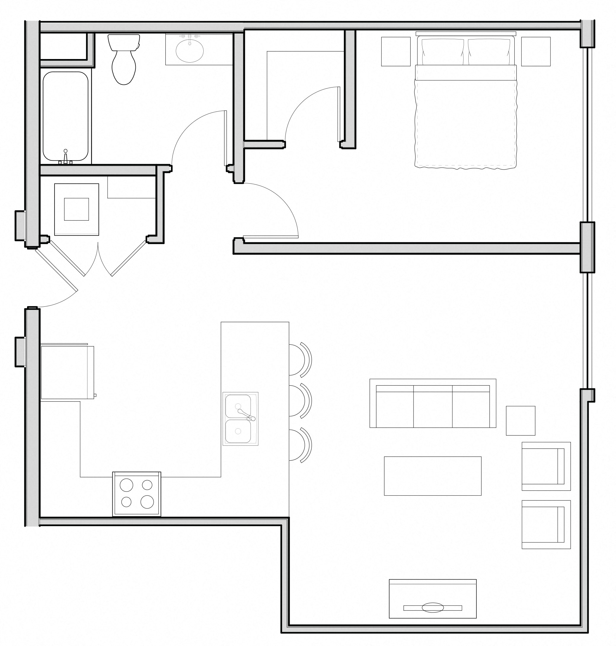 Floor plan for 1 bed, 1 bath, 839 sqft