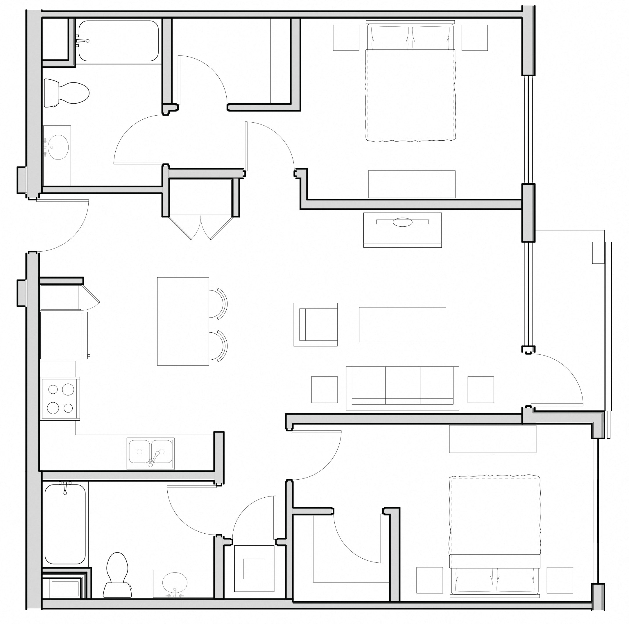Floor plan for 2 beds, 2 baths, 1038 sqft