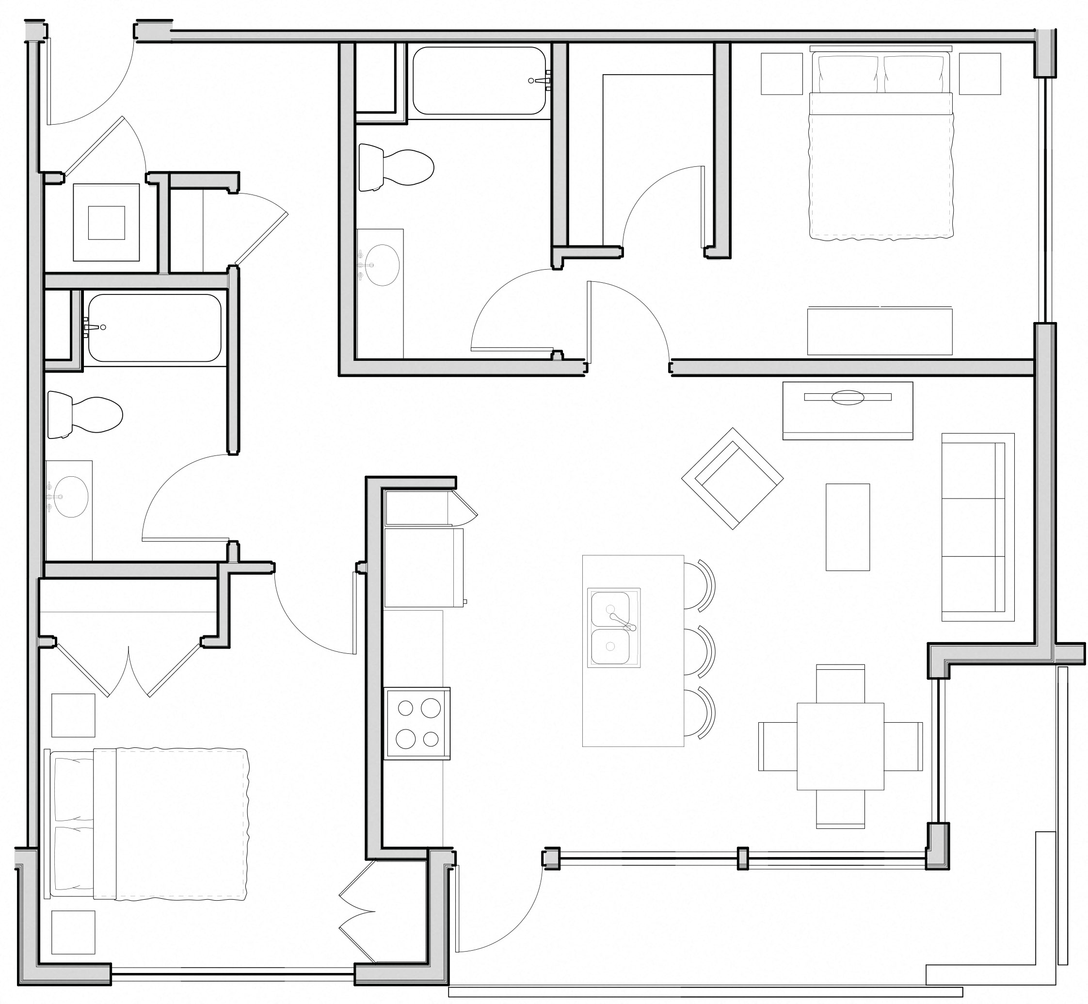 Floor plan for 2 beds, 2 baths, 1047 sqft