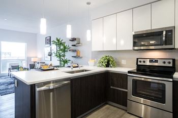 High-gloss kitchen cabinetry offered in two designer color schemes with soft-close features