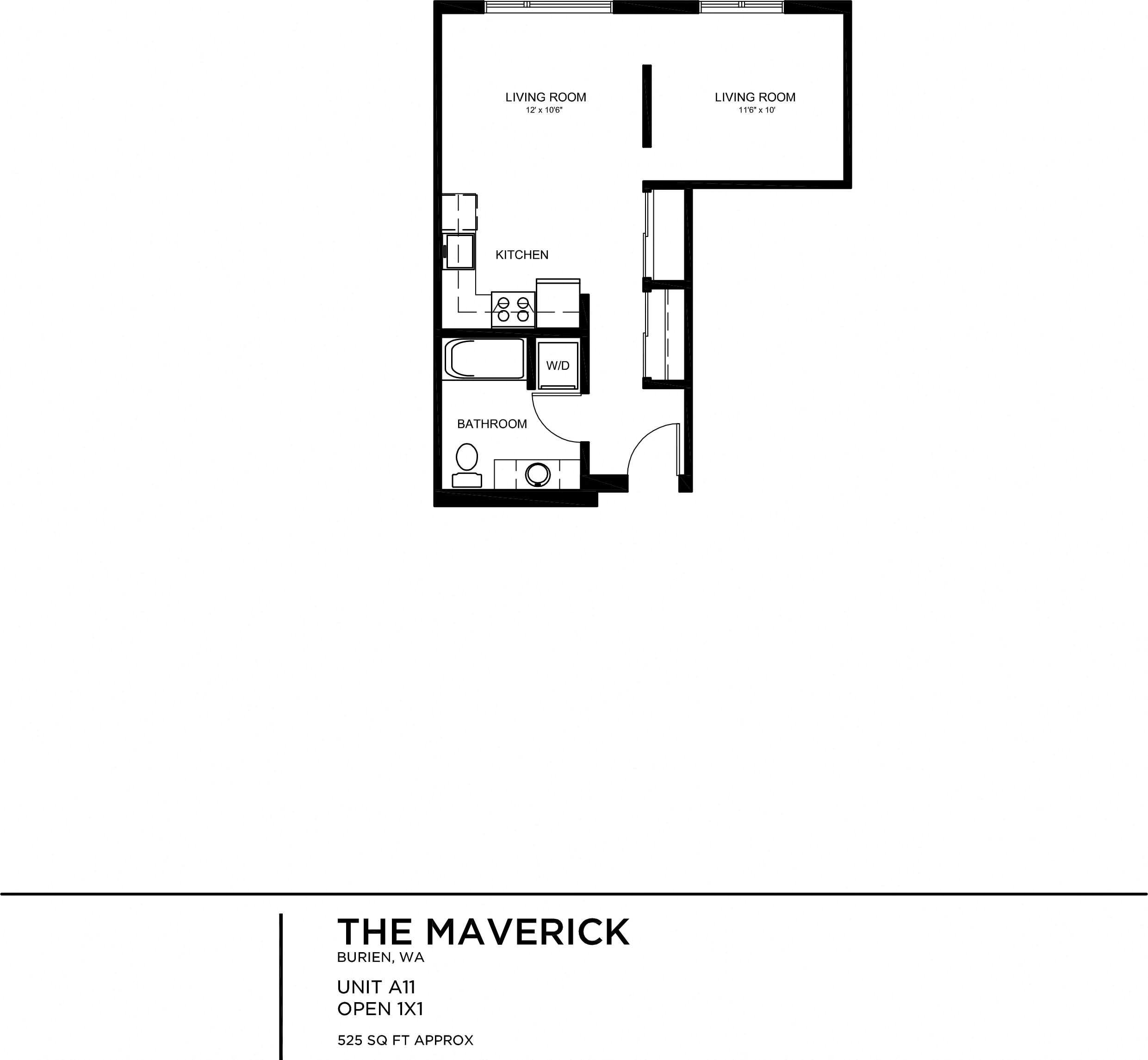 Floor plan for 1 bed, 1 bath, 524 sqft