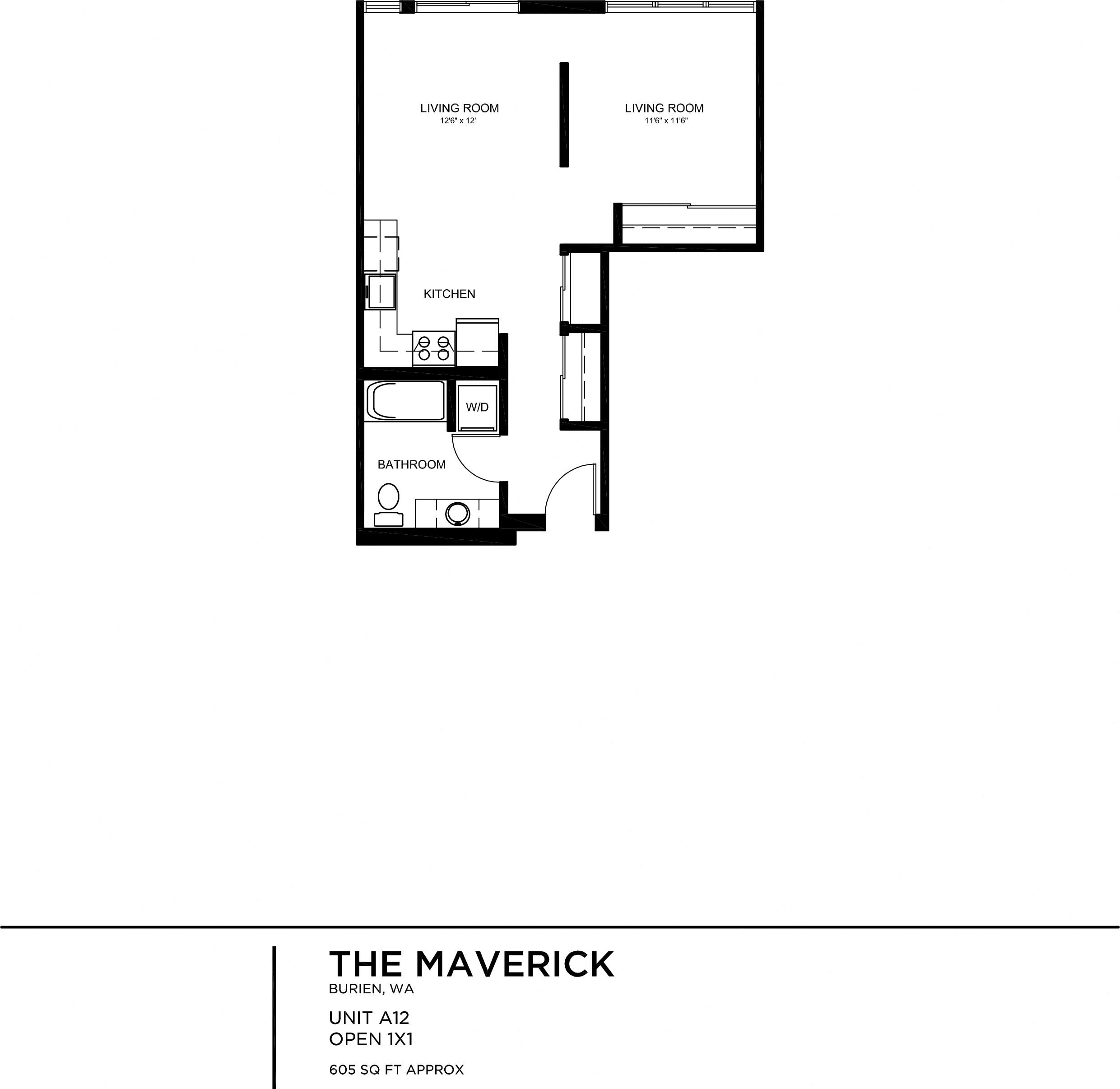 Floor plan for 1 bed, 1 bath, 603 sqft