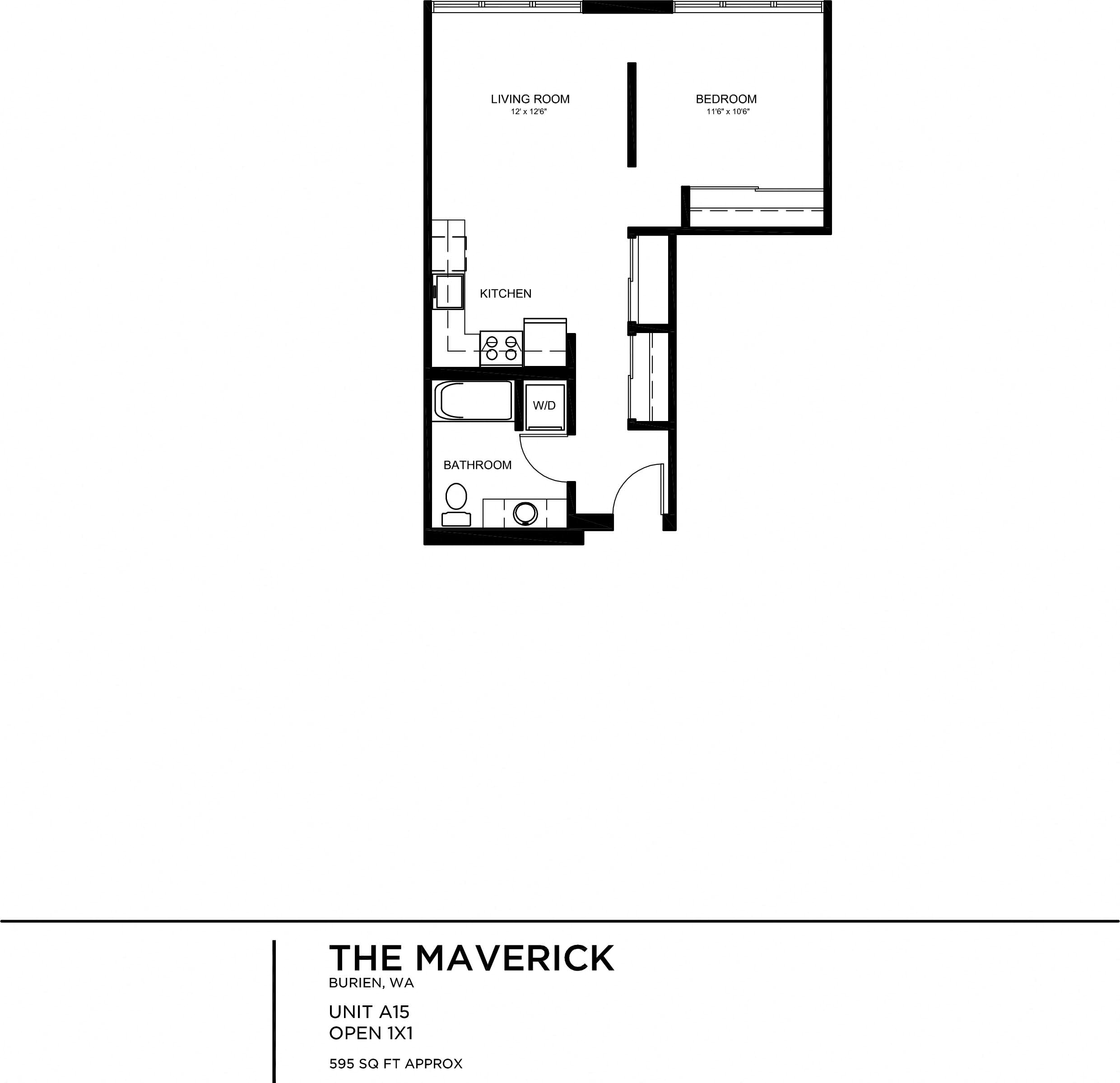 Floor plan for 1 bed, 1 bath, 596 sqft