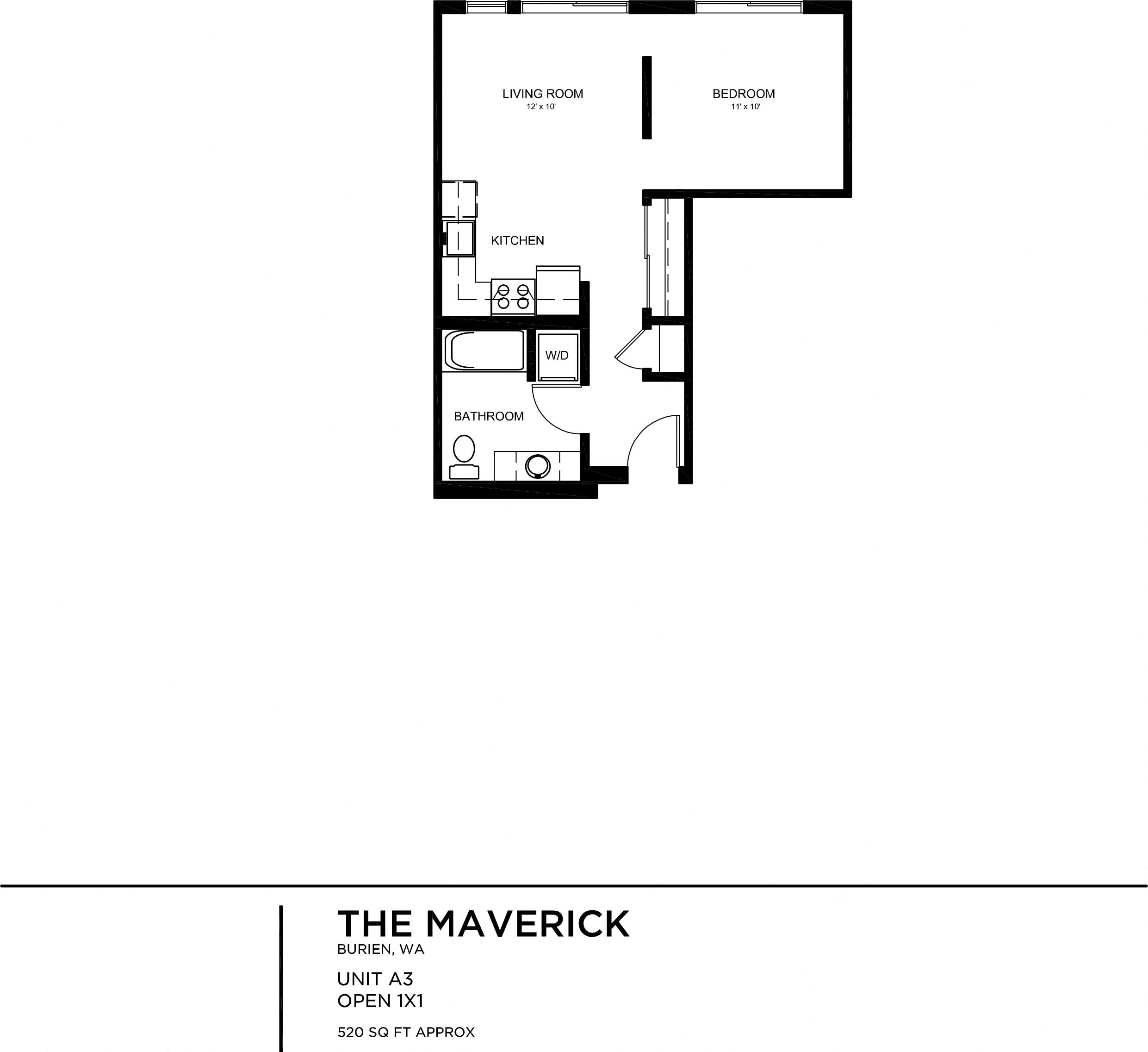 Floor plan for 1 bed, 1 bath, 520 sqft