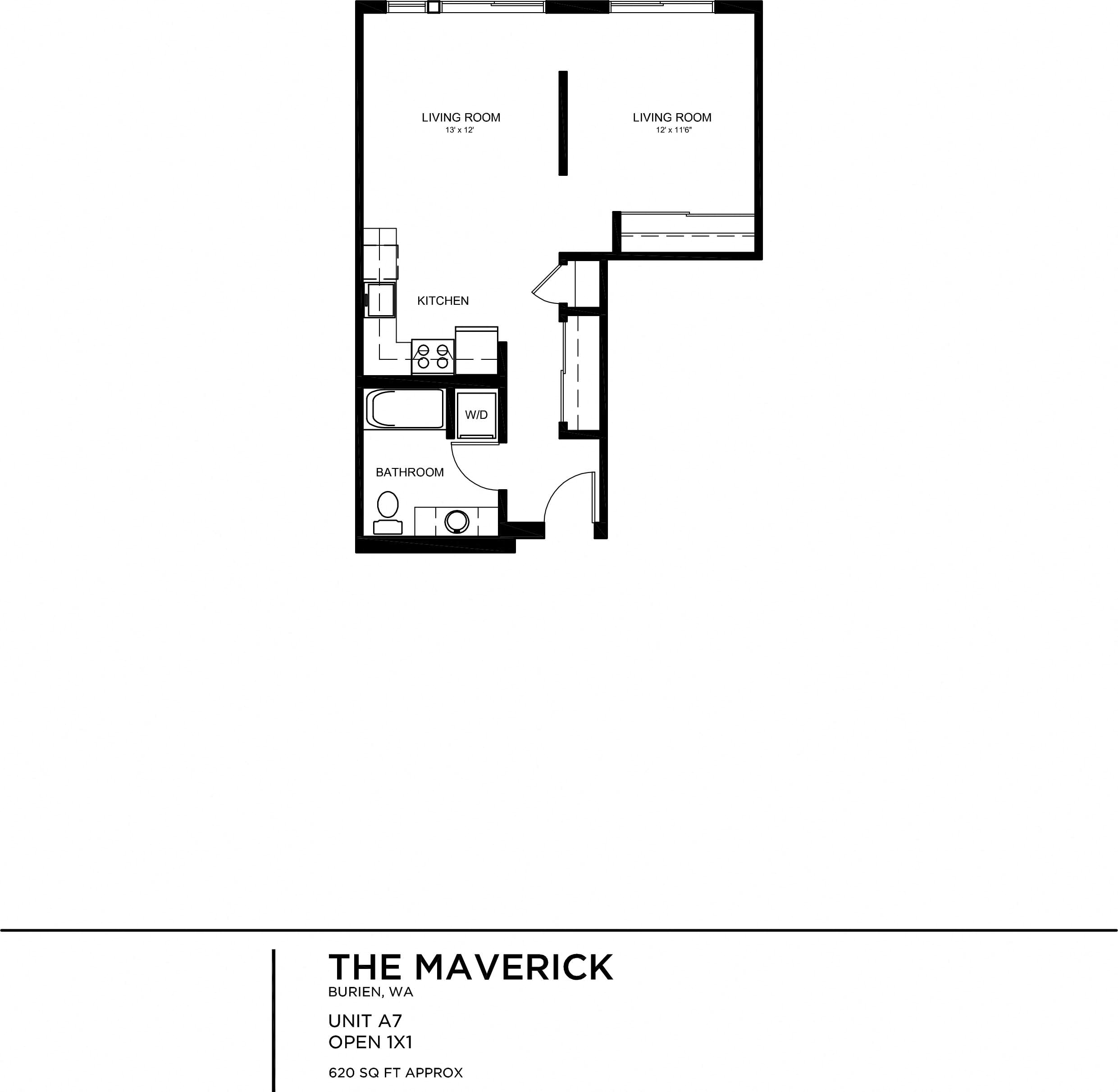 Floor plan for 1 bed, 1 bath, 618 sqft