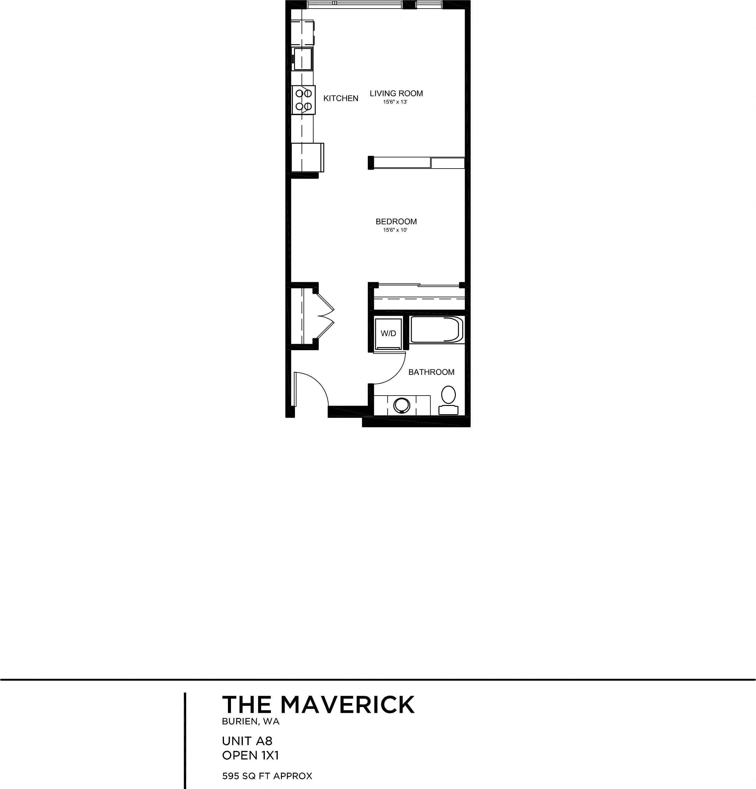Floor plan for 1 bed, 1 bath, 593 sqft