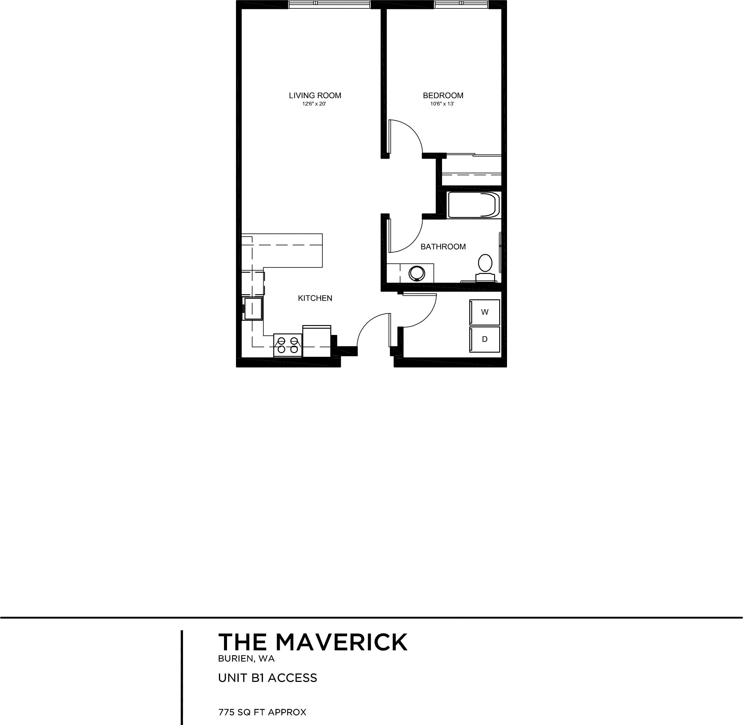 Floor plan for 1 bed, 1 bath, 776 sqft