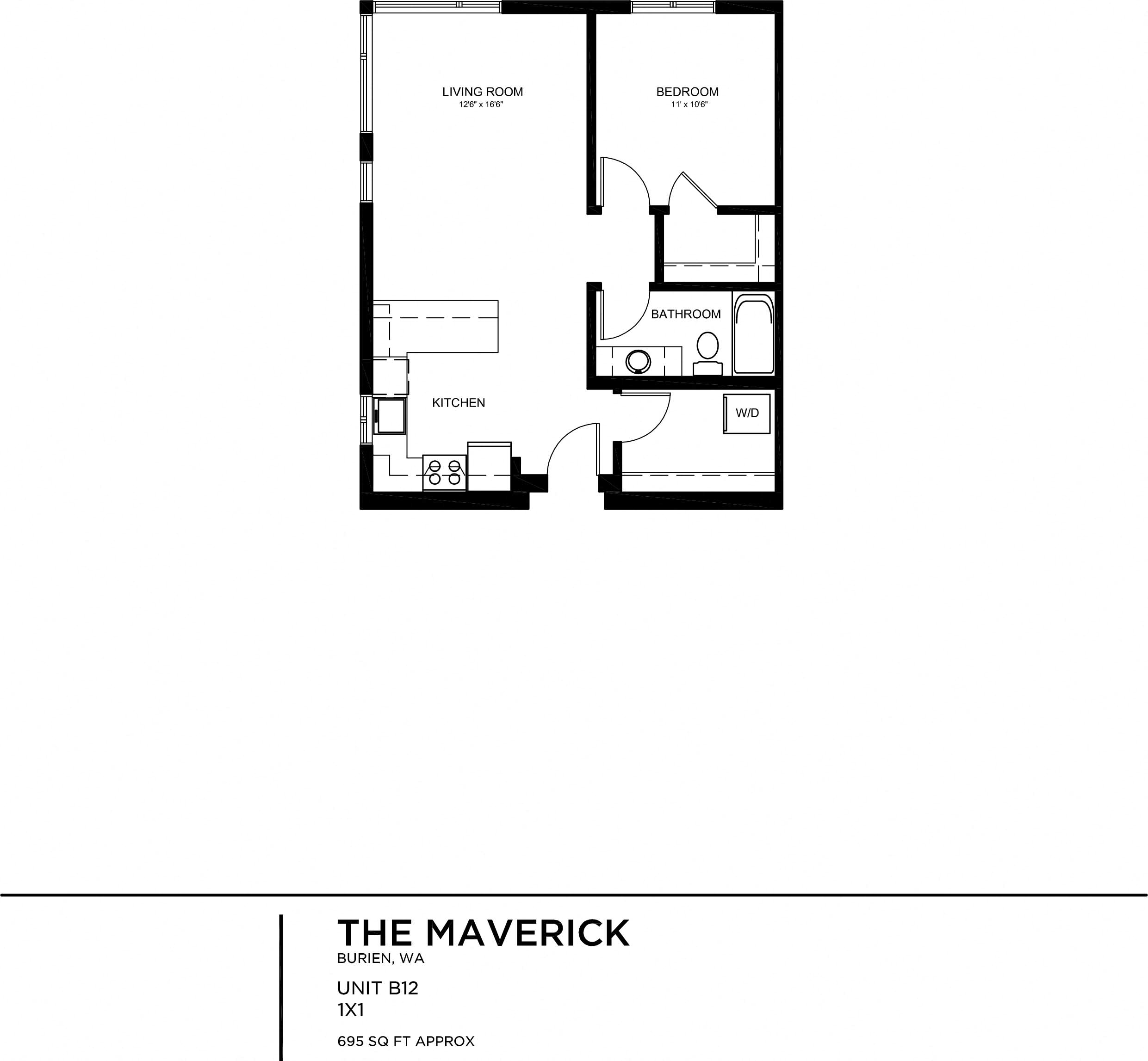 Floor plan for 1 bed, 1 bath, 693 sqft