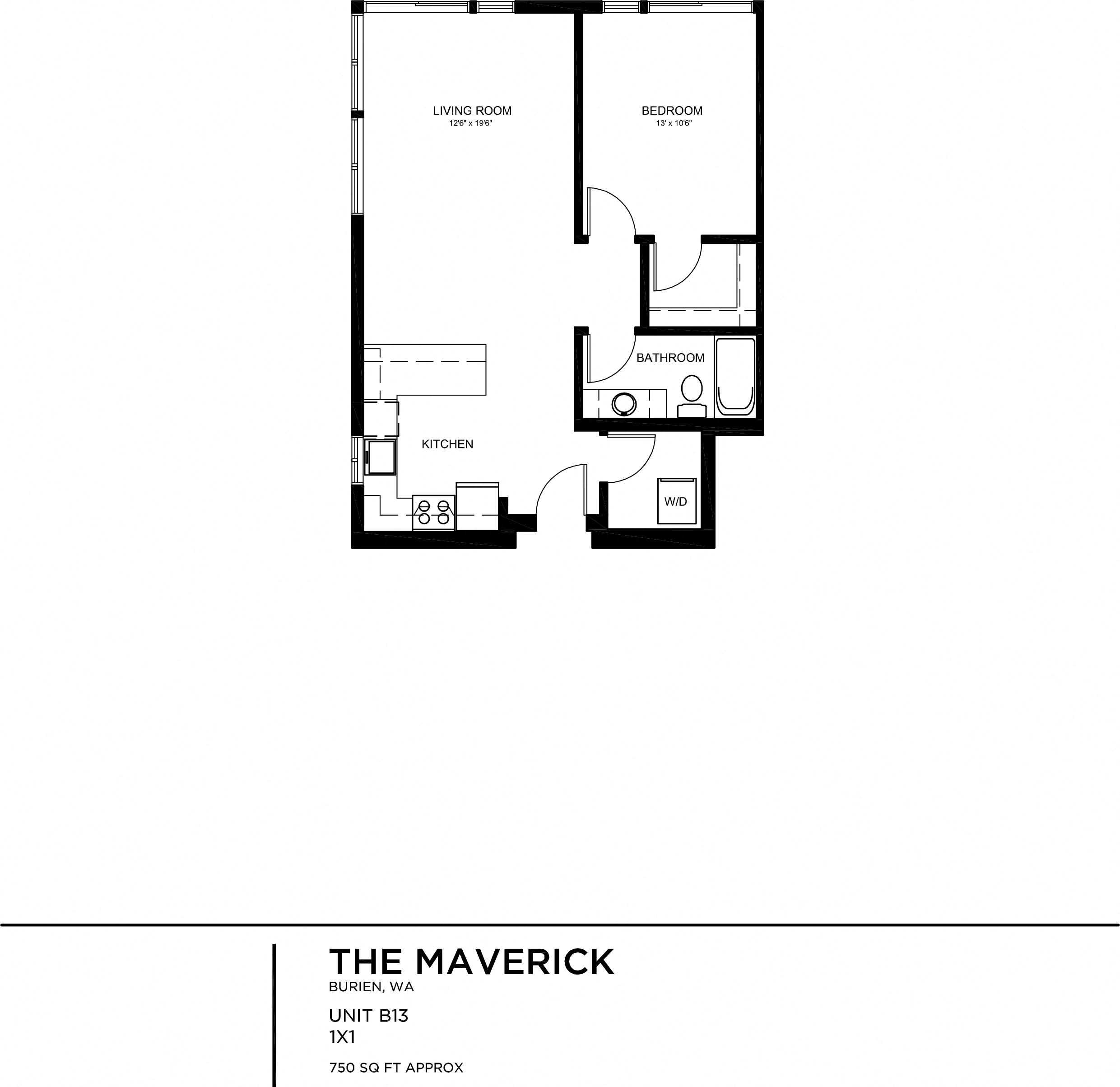 Floor plan for 1 bed, 1 bath, 756 sqft