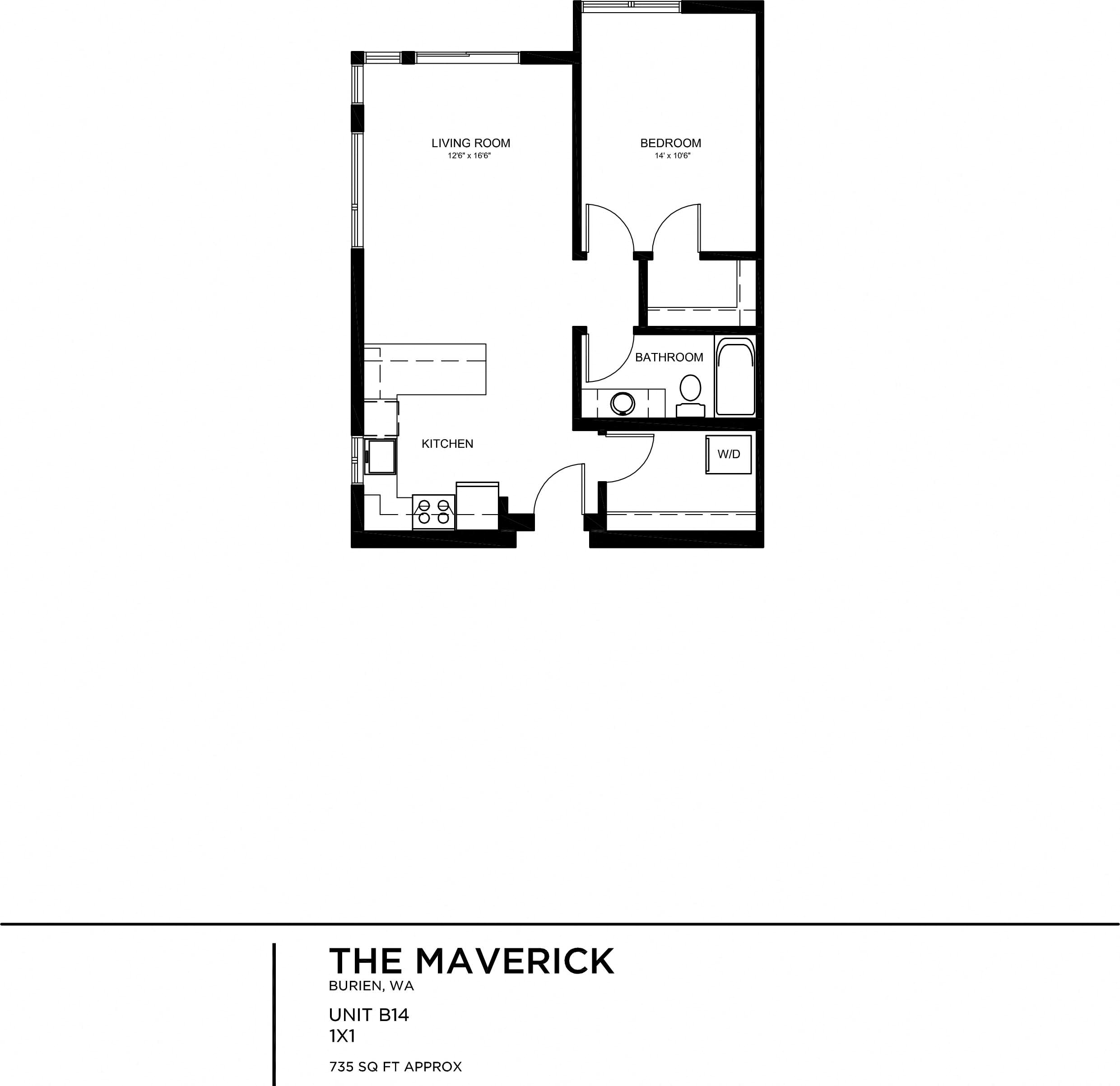 Floor plan for 1 bed, 1 bath, 735 sqft
