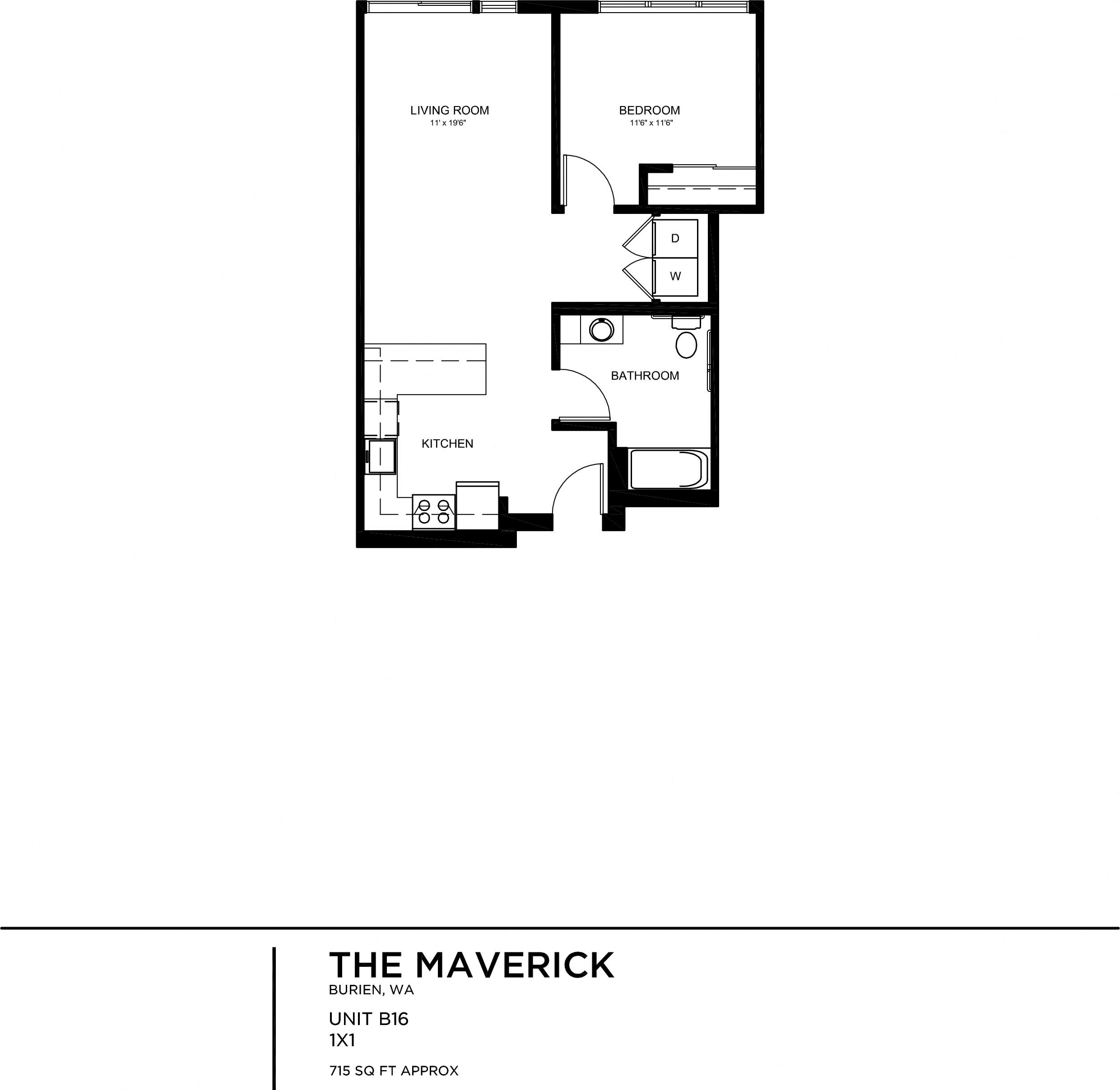 Floor plan for 1 bed, 1 bath, 777 sqft