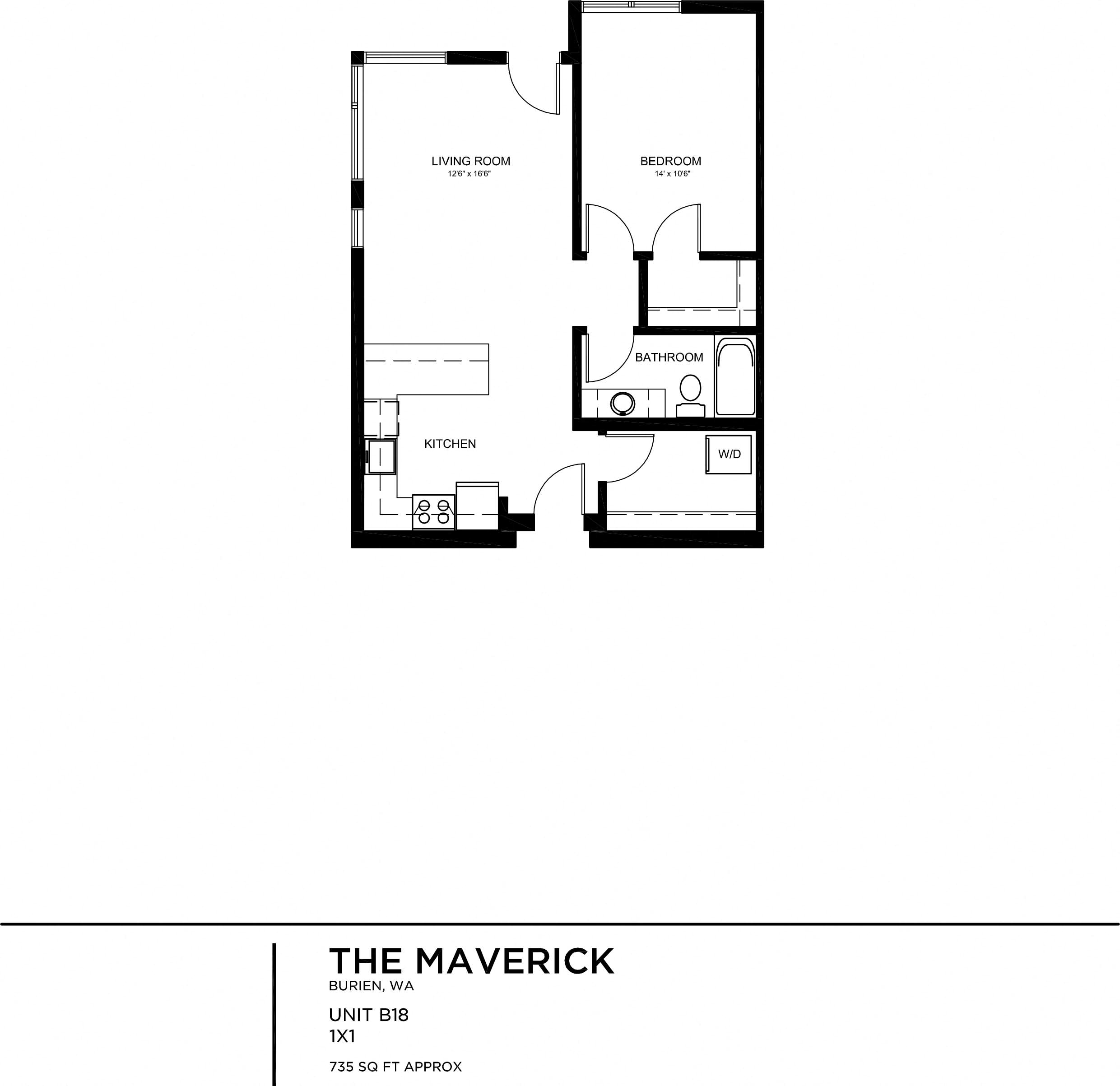 Floor plan for 1 bed, 1 bath, 736 sqft