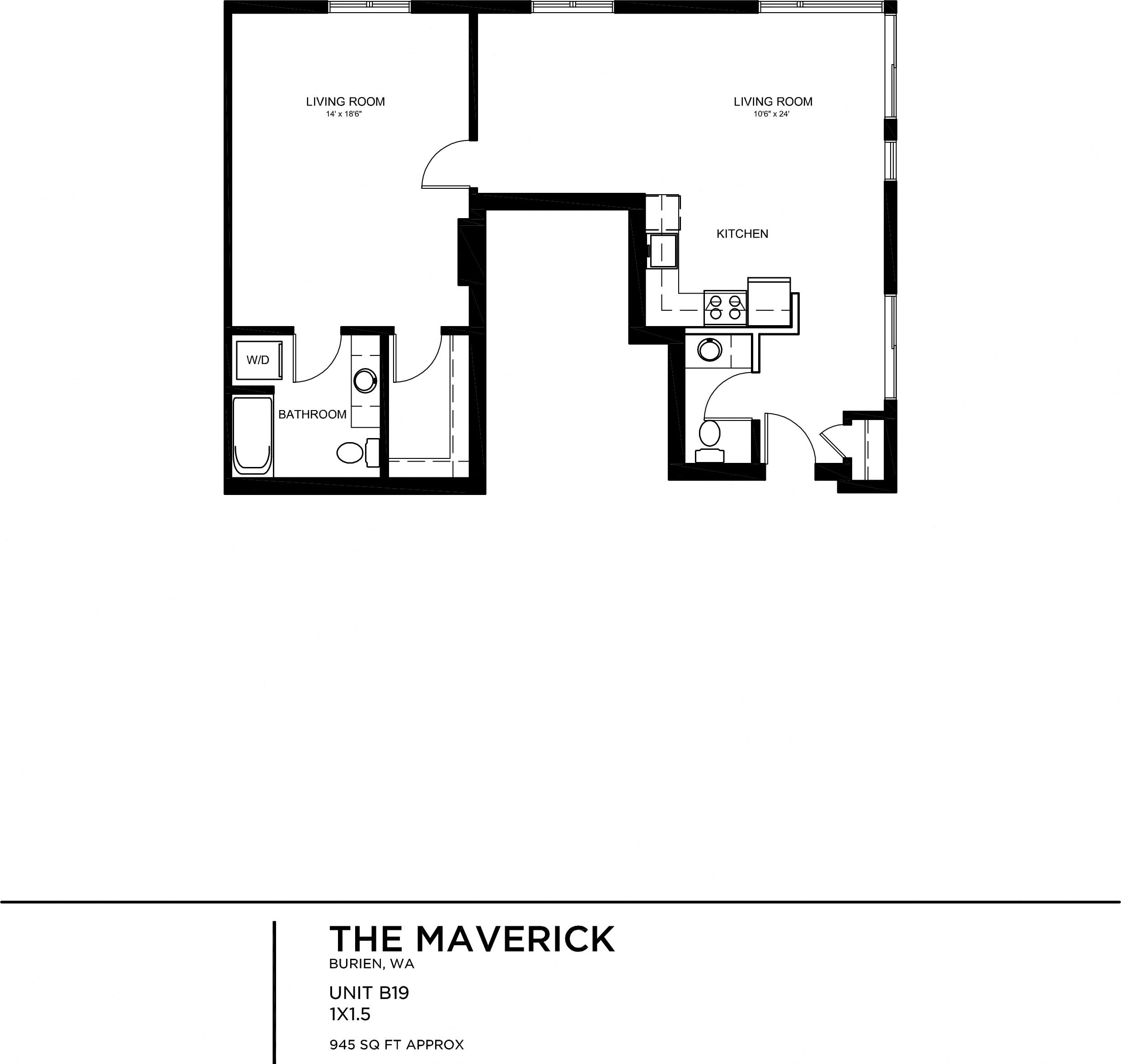 Floor plan for 1 bed, 1 bath, 946 sqft