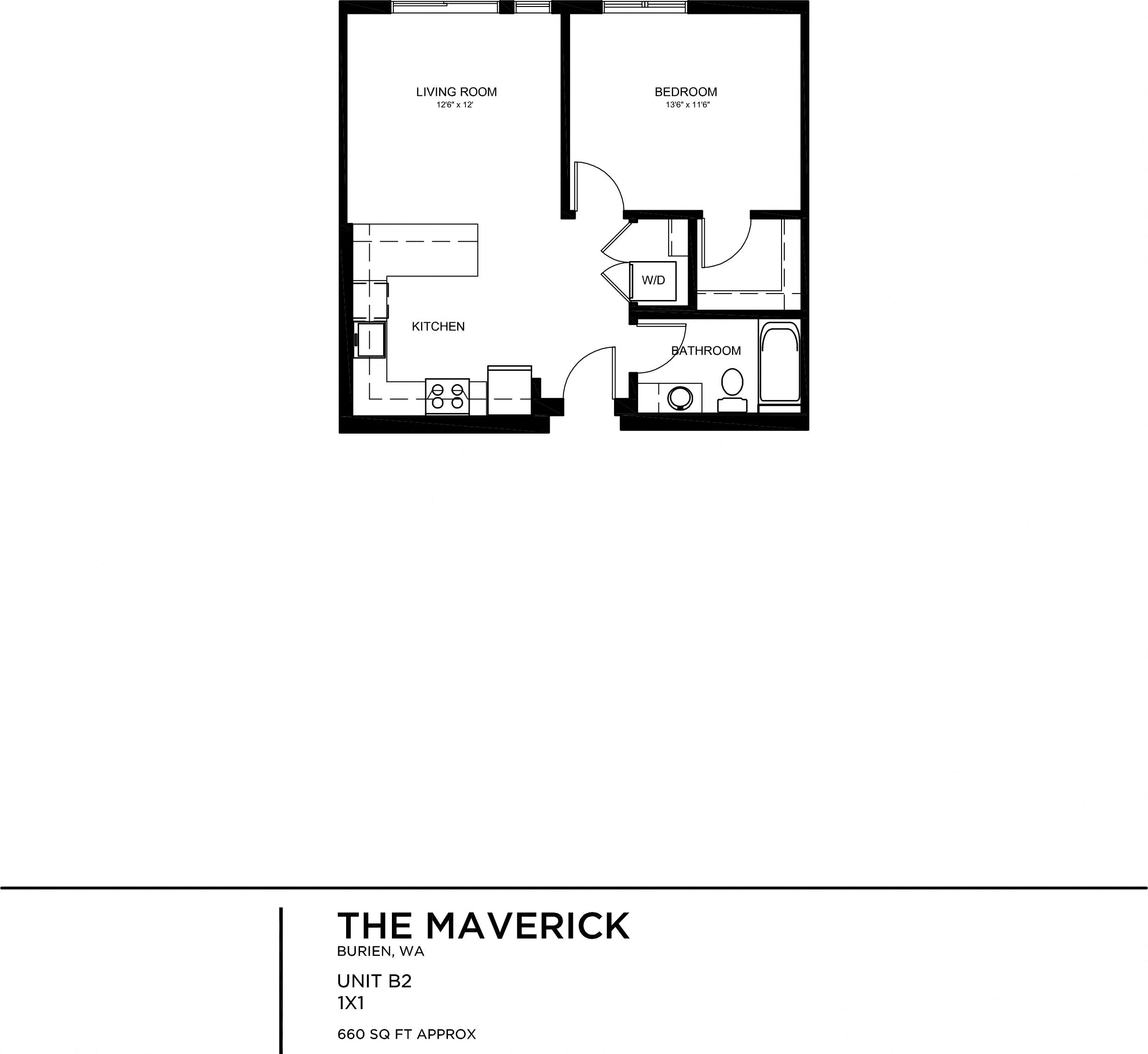 Floor plan for 1 bed, 1 bath, 661 sqft