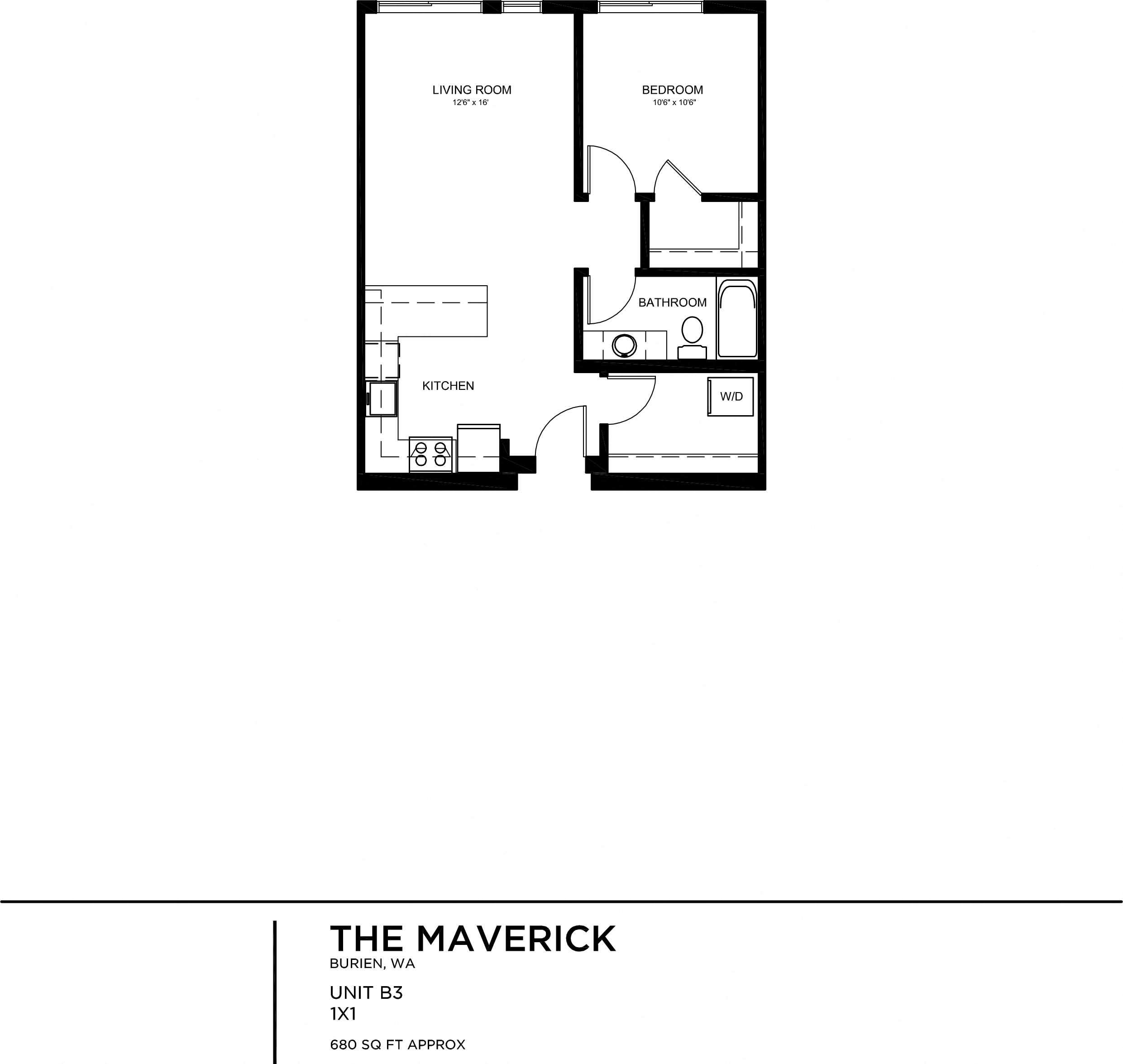 Floor plan for 1 bed, 1 bath, 681 sqft
