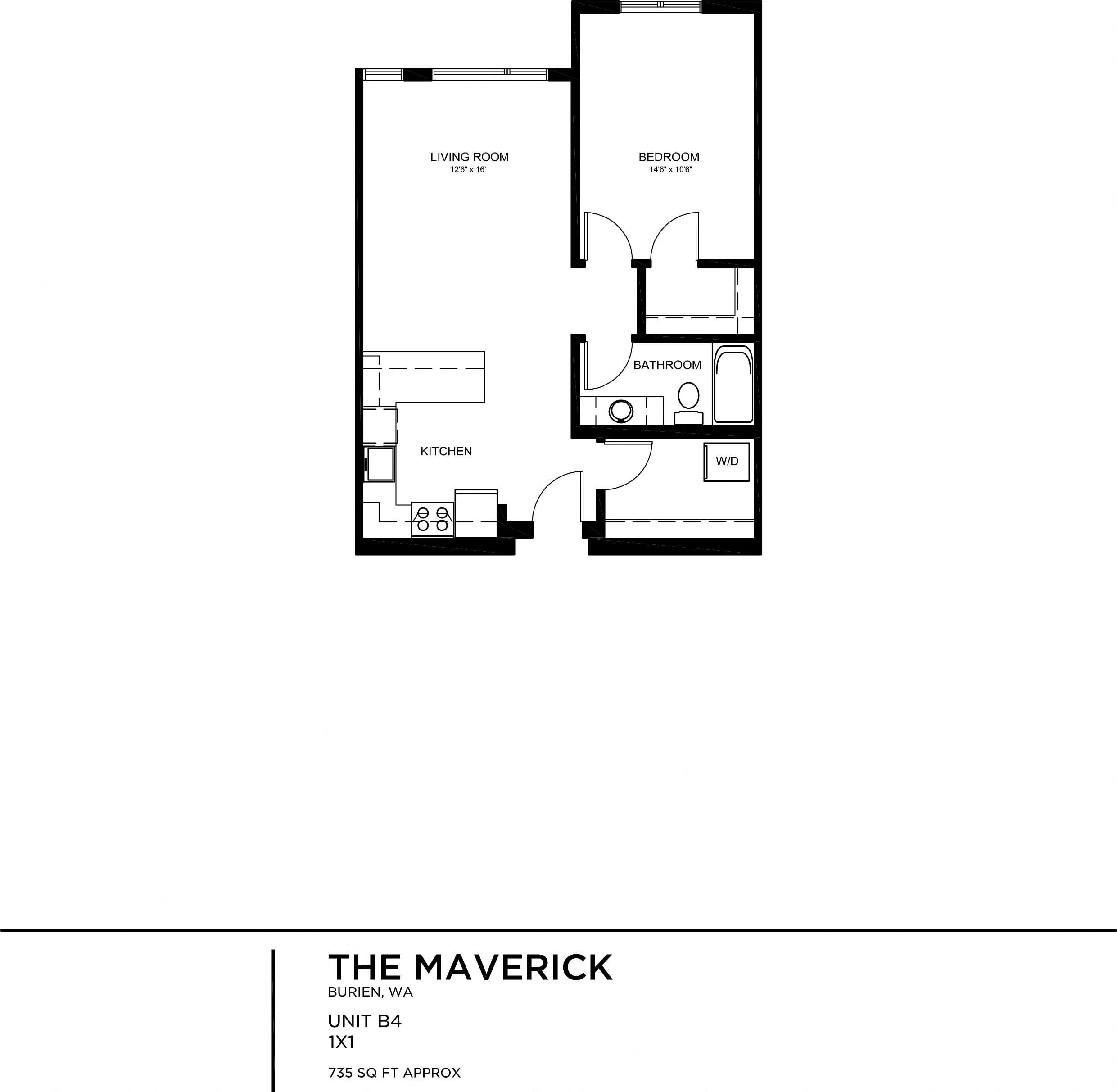 Floor plan for 1 bed, 1 bath, 734 sqft