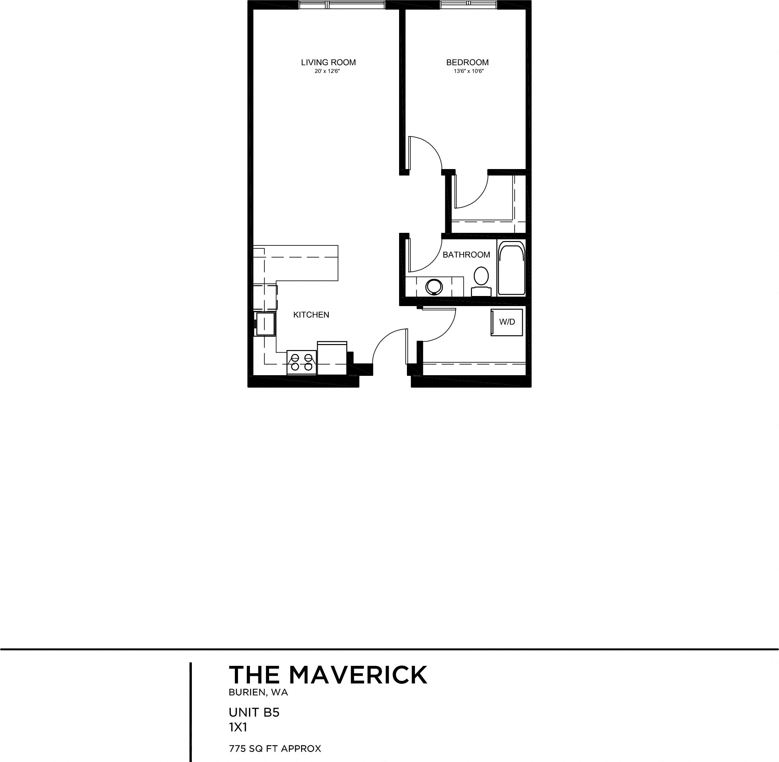 Floor plan for 1 bed, 1 bath, 777 sqft