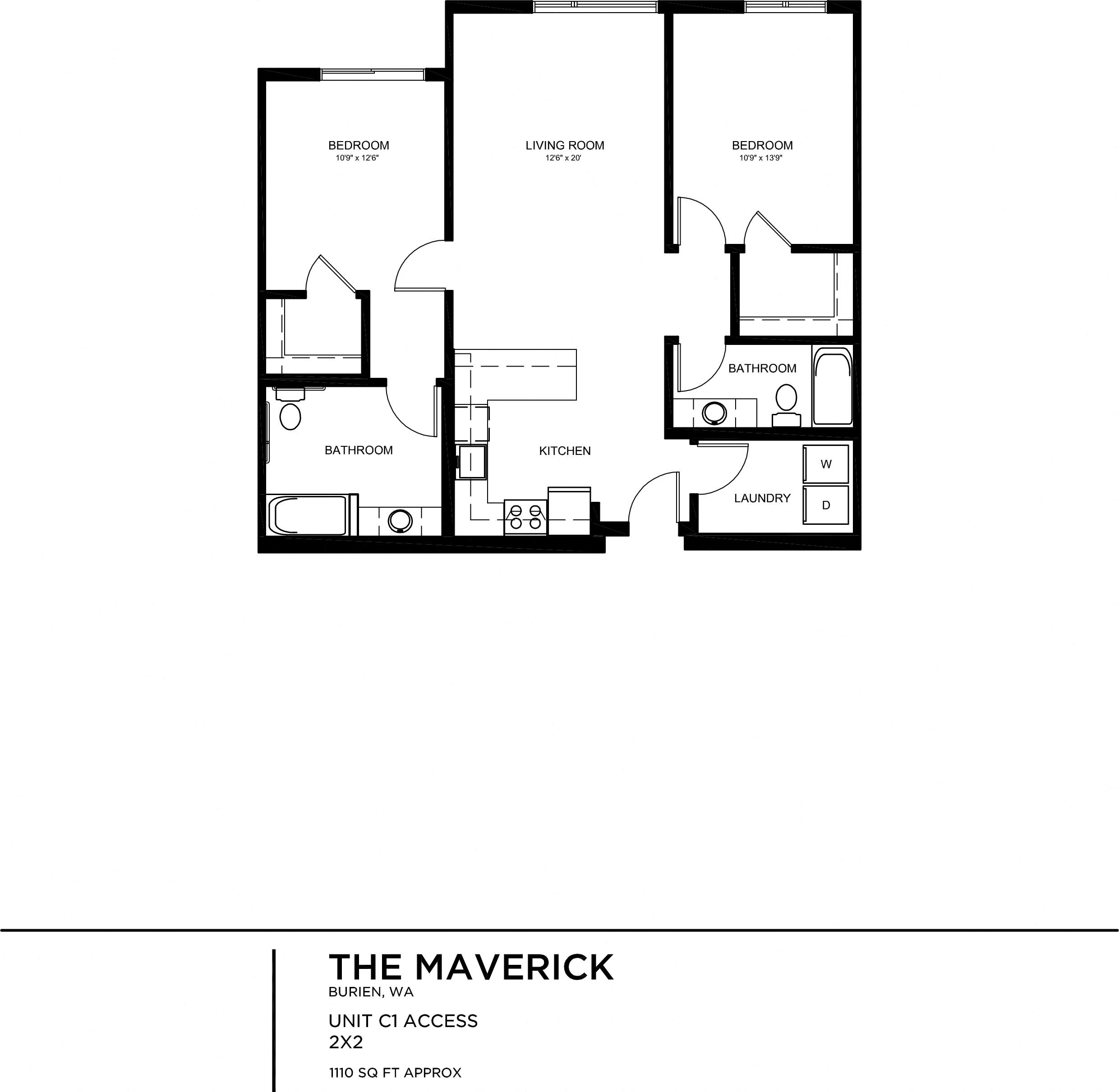 Floor plan for 2 beds, 2 baths, 1111 sqft