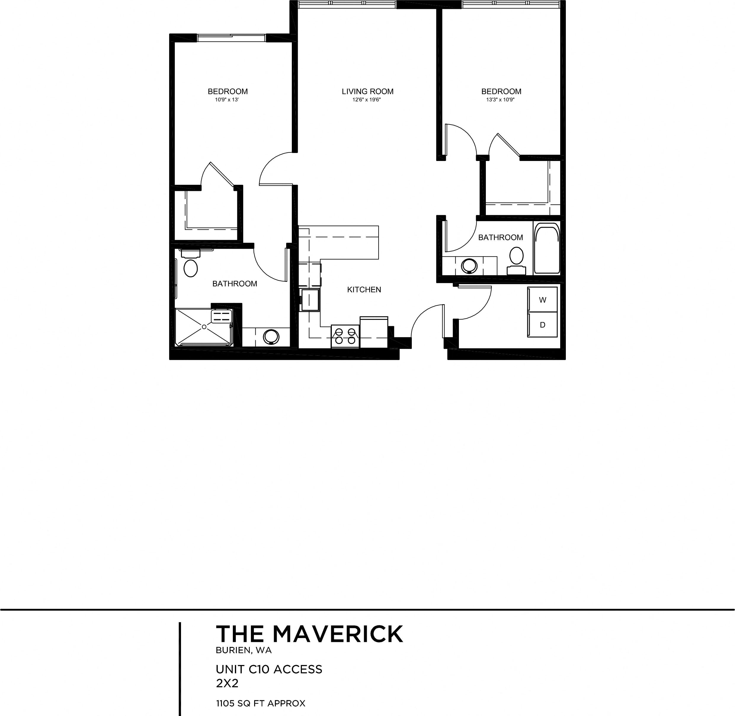 Floor plan for 2 beds, 2 baths, 1105 sqft