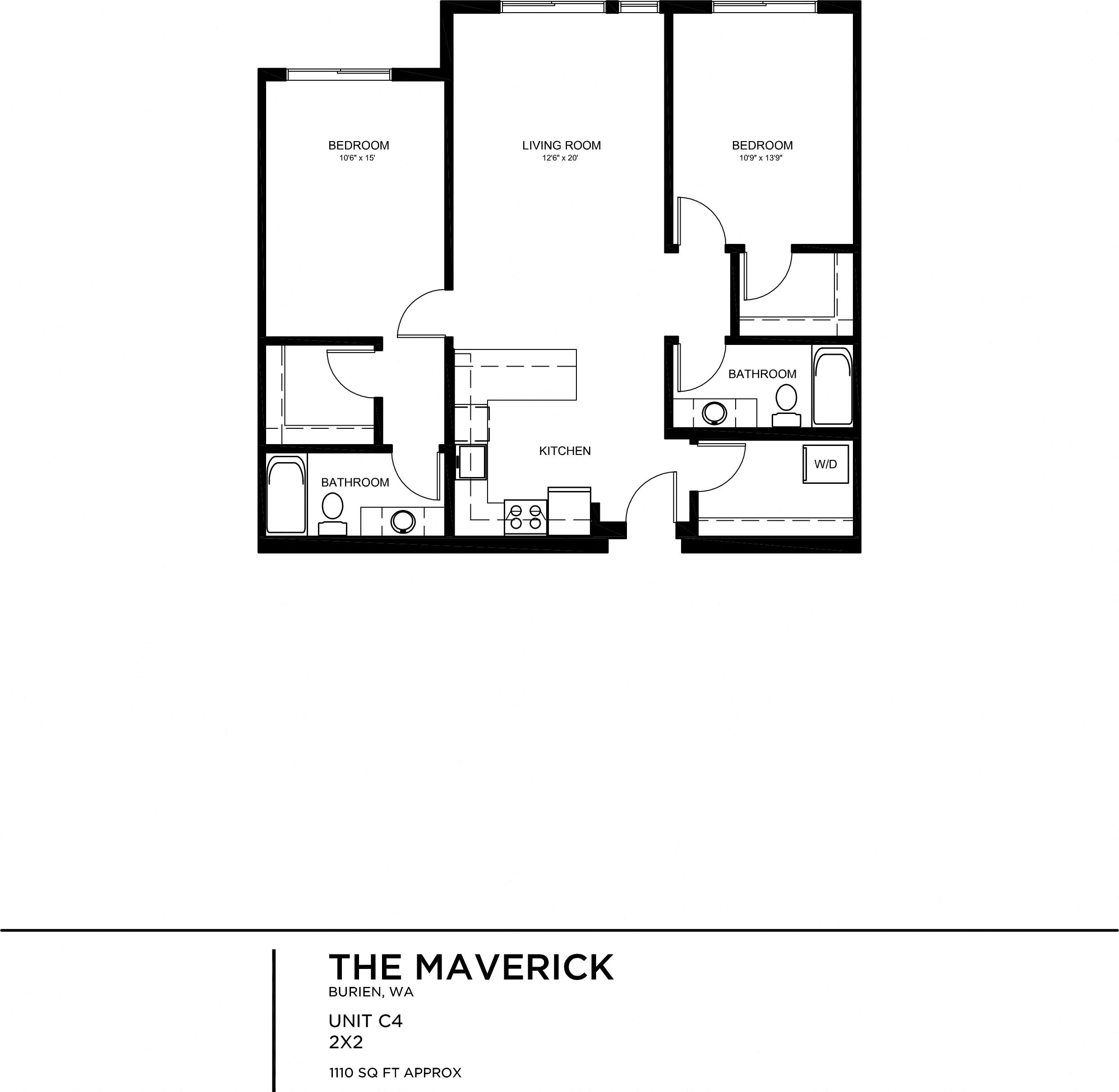 Floor plan for 2 beds, 2 baths, 1111 sqft