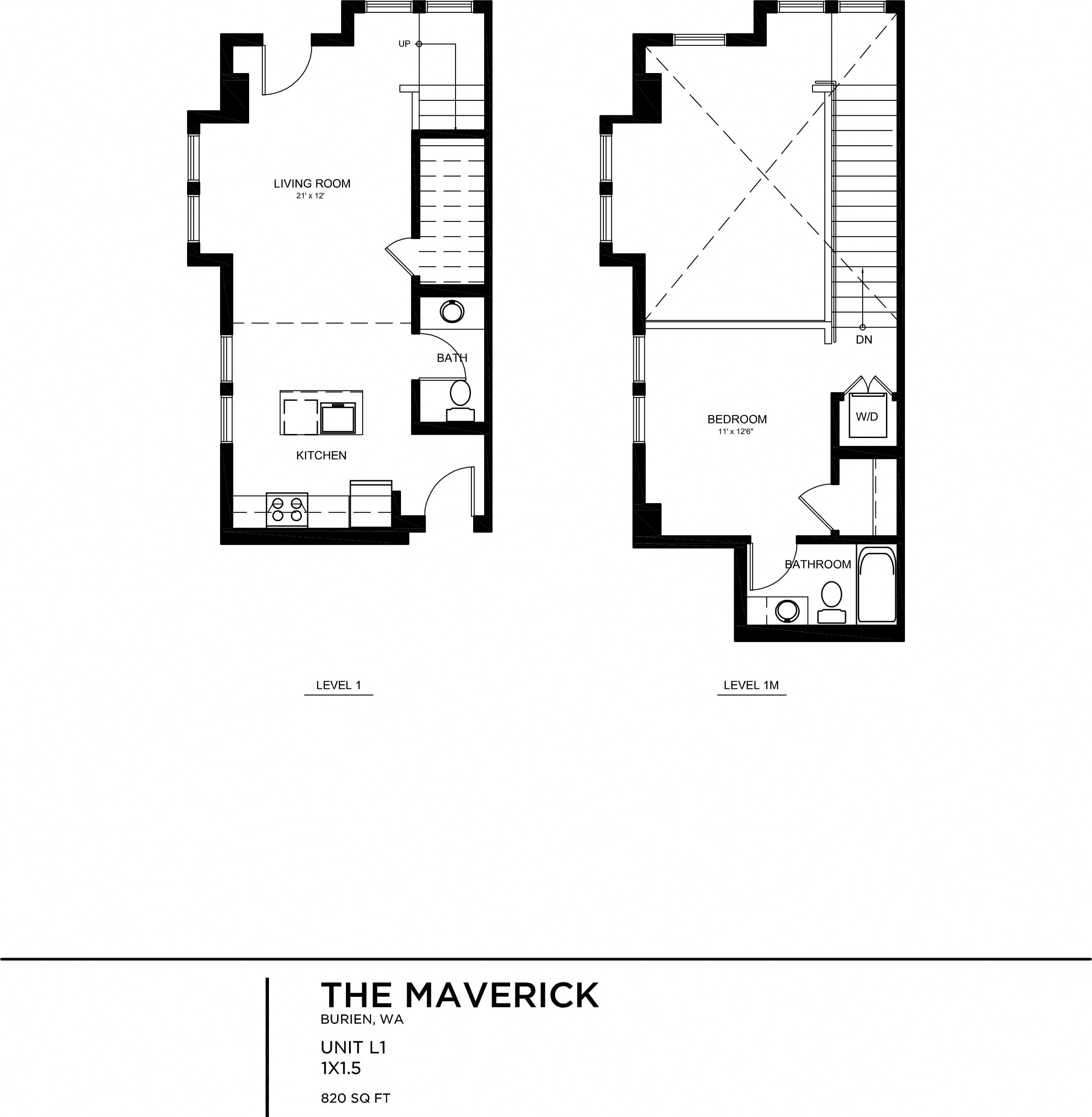 Floor plan for 1 bed, 1.5 baths, 818 sqft